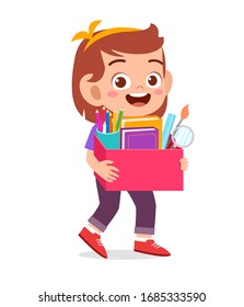 happy cute little kid girl carry box of school supplies