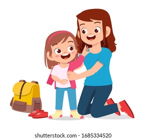 Happy Cute Little Kid Girl Prepare Go To School With Mom