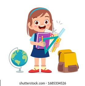 happy cute little kid girl holding school supplies