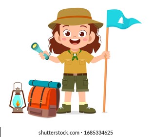 happy cute little kid girl wear scout uniform