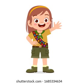 happy cute little kid girl wear scout uniform