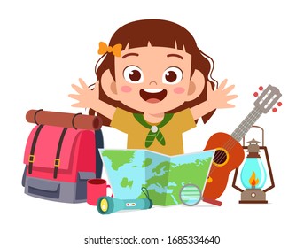 happy cute little kid girl with scout equipment