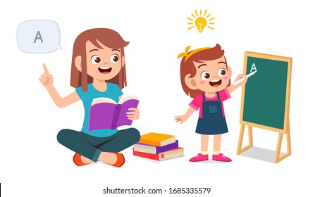 happy cute little kid girl study with mom