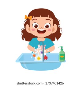 happy cute little kid girl wash hand in sink