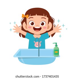 happy cute little kid girl wash hand in sink