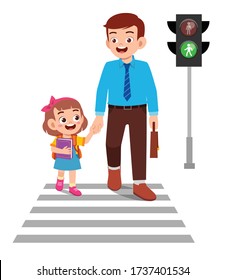 happy cute little kid girl cross the road with father