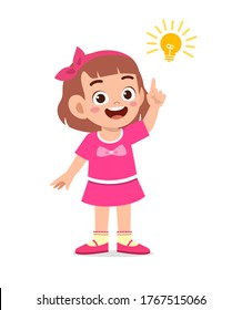 happy cute little kid girl with idea lamp sign