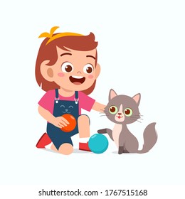 happy cute little kid girl play with pet cat