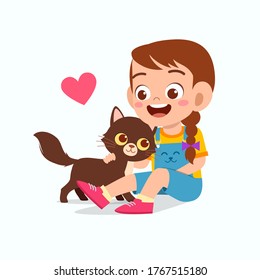 happy cute little kid girl play with pet cat