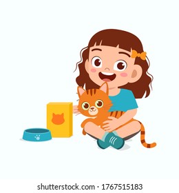 happy cute little kid girl play with pet cat