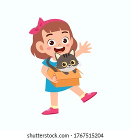 happy cute little kid girl play with pet cat