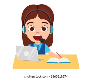 Happy cute little kid girl with headphones, writing, doing home schooling with computer laptop connected to internet, eLearning course study concept isolated on white background
