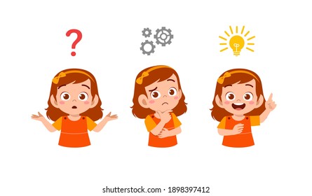 Happy Cute Little Kid Girl Thinking And Searching Idea Process