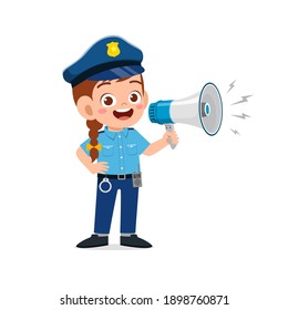 happy cute little kid girl wearing police uniform and holding megaphone