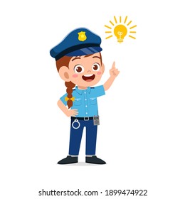 happy cute little kid girl wearing police uniform and thinking with light bulb sign