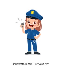 happy cute little kid girl wearing police uniform