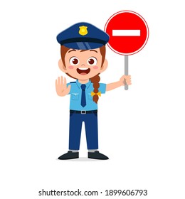 happy cute little kid girl wearing police uniform and holding stop sign