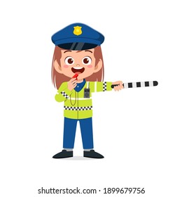 happy cute little kid girl wearing police uniform and manage traffic