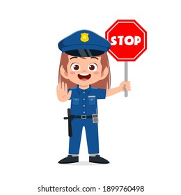 happy cute little kid girl wearing police uniform and holding stop sign