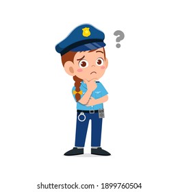 happy cute little kid girl wearing police uniform and thinking with question mark