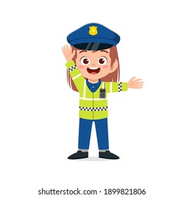 happy cute little kid girl wearing police uniform and manage traffic