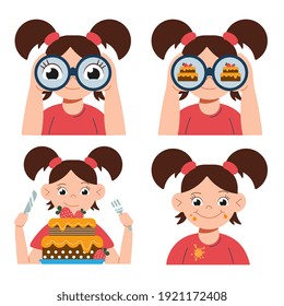Happy cute little kid girl with binoculars is seeing a strawberry cake and going to eat this with knife and fork. Vector flat cartoon illustration