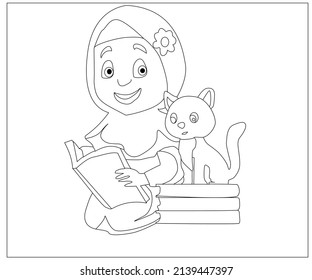 happy cute little kid girl play with pet cat coloring book page for children