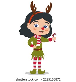 happy cute little kid girl wearing green christmas costume
