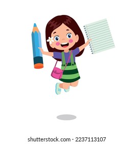 happy cute little kid girl holding school supplies