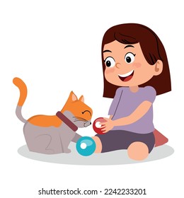 happy cute little kid girl play with pet cat.