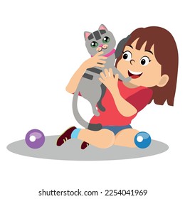 happy cute little kid girl play with pet cat.