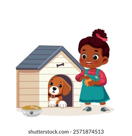 happy cute little kid girl feed play with dog	