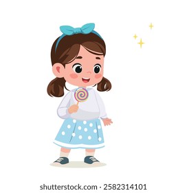 happy cute little kid girl eat lollypop candy and sweets