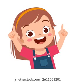 Happy Cute Little Kid Girl Pointing Finger Up and Smiling Isolated on White Background