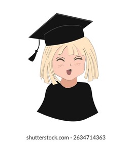 Happy cute little kid girl or boy graduate from school. Smiling kindergarten kid in graduate hat. Vector icon illustration
