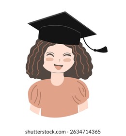 Happy cute little kid girl graduate from school. Smiling kindergarten girl in graduate hat. Vector icon illustration.