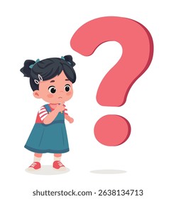 happy cute little kid girl with question mark cartoon vector illustration