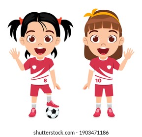 Happy cute little kid girls character with football with beautiful jersey with cheerful expression isolated