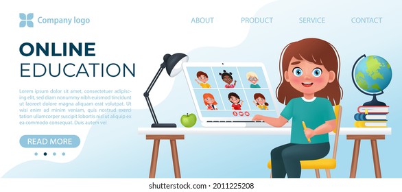 Happy cute little kid have video conference with classmates on laptop. Online school, education at home concept. Banner template. Vector illustration in cartoon 3d style