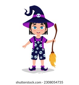 Happy cute little kid holiday halloween dressed as witch