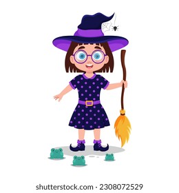 Happy cute little kid holiday halloween dressed as witch