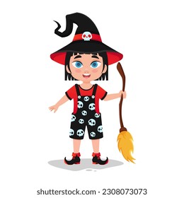 Happy cute little kid holiday halloween dressed as witch