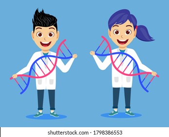 Happy cute little kid male and female doctors set holding DNA molecules 