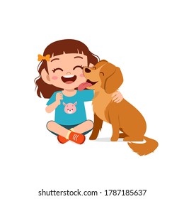 happy cute little kid play with dog