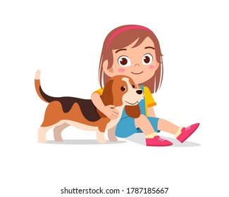 happy cute little kid play with dog