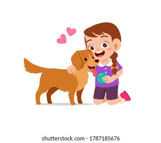 happy cute little kid play with dog