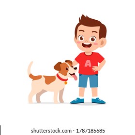 Happy Cute Little Kid Play With Dog