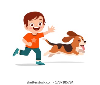 Happy Cute Little Kid Play With Dog