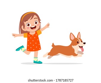 happy cute little kid play with dog