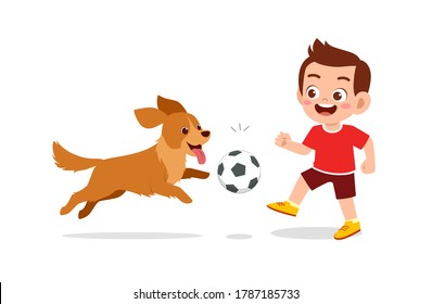 happy cute little kid play with dog